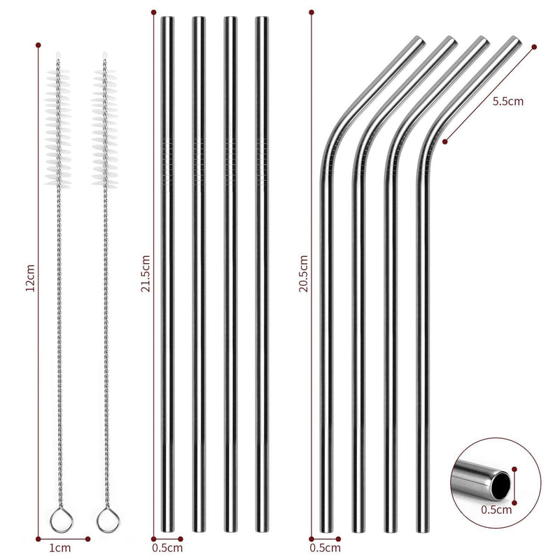 [Australia] - Vinsani 8.5" Silver Stainless Steel Drinking Straws, Reusable Metal Drinking Straws Set of 8 with 2 Cleaning Brush for Smoothie, Milkshake, Cocktail and Hot Drinks 