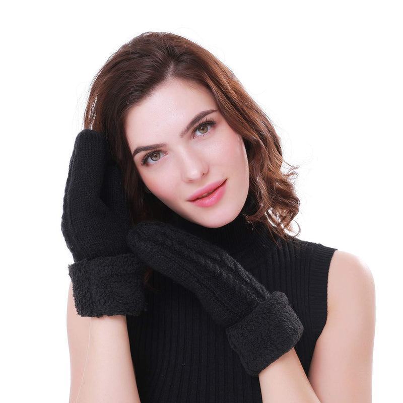 [Australia] - Women's Winter Gloves Warm Lining Mittens- Cozy Wool Knit Thick Gloves Novelty Mittens Winter Cold Weather Accessories Black 