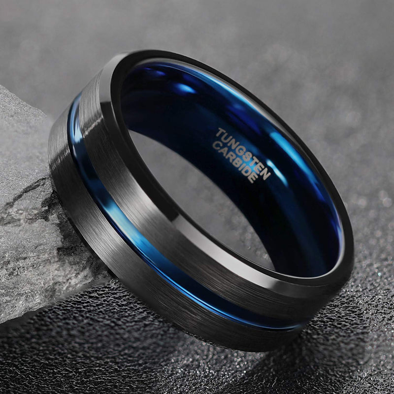 [Australia] - Greenpod Mens Tungsten Ring Wedding Band 8mm 10mm Engraved I Love You Thin Blue/Rose Gold/Black Centre Groove Comfort Fit Size 6-17 8mm Black Blue 