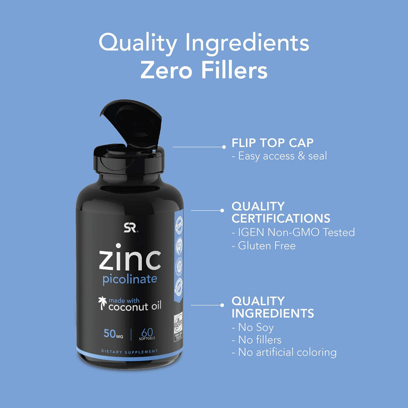 [Australia] - Zinc Picolinate 50mg with Organic Coconut Oil | Highly Absorbable Zinc Supplement for Healthy Immune Function | Non-GMO Verified, Gluten & Soy Free (60 Liquid Soft gels) 