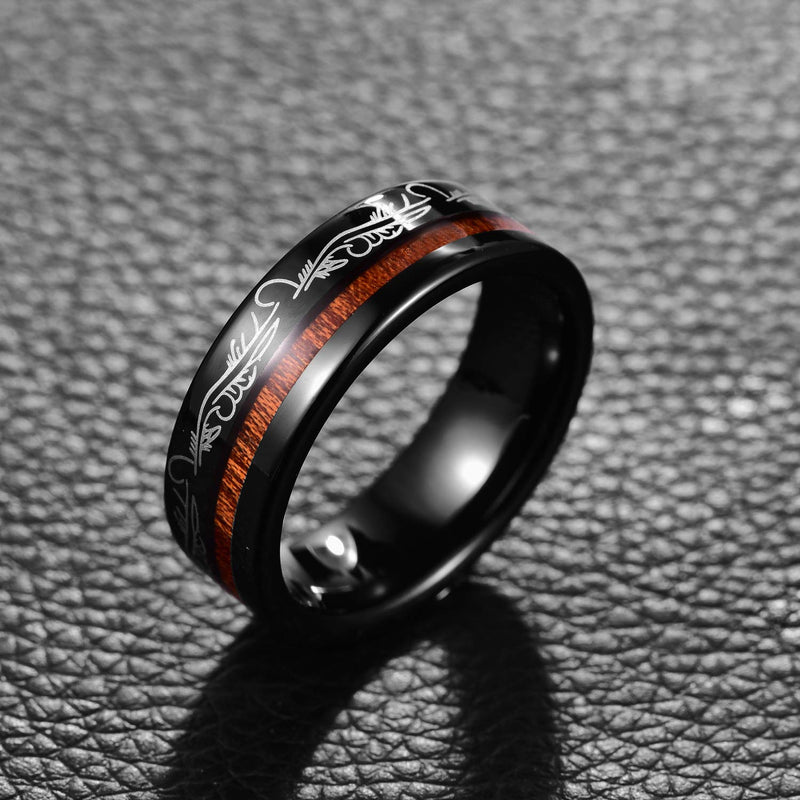 [Australia] - MEILING LINGMEI 8mm Men's Black Tungsten Carbide Wedding Band Koa Wood Inlay Flower Pattern Design Engagement Ring Comfort Size 7-12 