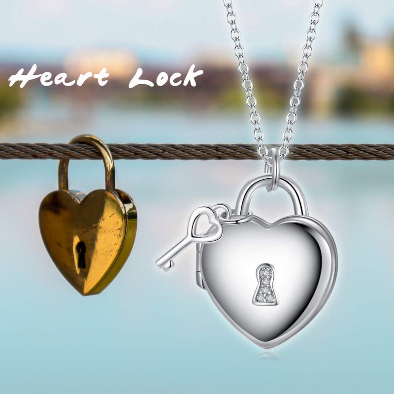 [Australia] - Personalized Sterling Silver Heart Locket Necklace That Holds Pictures Lock and Key Pendant for Women Mom Lock & Key Necklace 