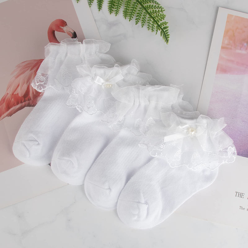 [Australia] - 5 Pairs Toddler Baby Girls White Lace Ruffle Socks with Bow Princess Dress Socks 1-3T Multicolor 