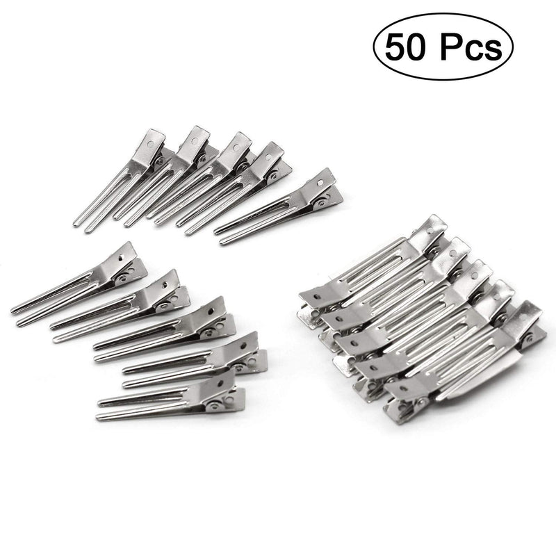 [Australia] - 50pcs Hairdressing Double Prong Curl Clips, Beayuer 1.8inch Curl Setting Section Hair Clips Metal Alligator Clips Hairpins for Hair Bow Great Pin Curl Clip Styling Clips for Hair Salon Barber (Silver) 50 Count (Pack of 1) Silver 