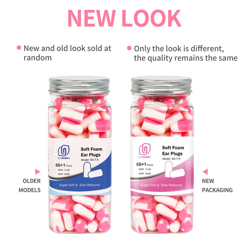 [Australia] - Ultra Soft Foam Earplugs 60 Pairs, 38dB SNR Ear Plugs for Sleeping, Mowing, Shooting, and All Loud Noise by Lysian, Pink/White 