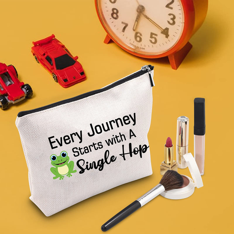 [Australia] - TSOTMO Every Journey Starts with A Single Hop Makeup Bag Frog Lover Gifts Travel Quote Motivational Gift Graduation Student Gift (Single Hop) 