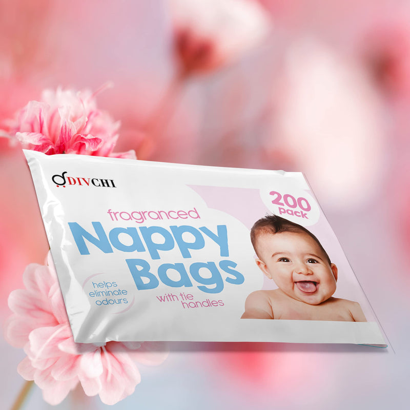 [Australia] - DIVCHI Baby Disposable Diaper Sacks Bags Dispenser Antibacterial Power Scented Nappy Disposal Bags Easy-Tie for Travel - 1 x 200 Pack (200 in Total) pack of 1 