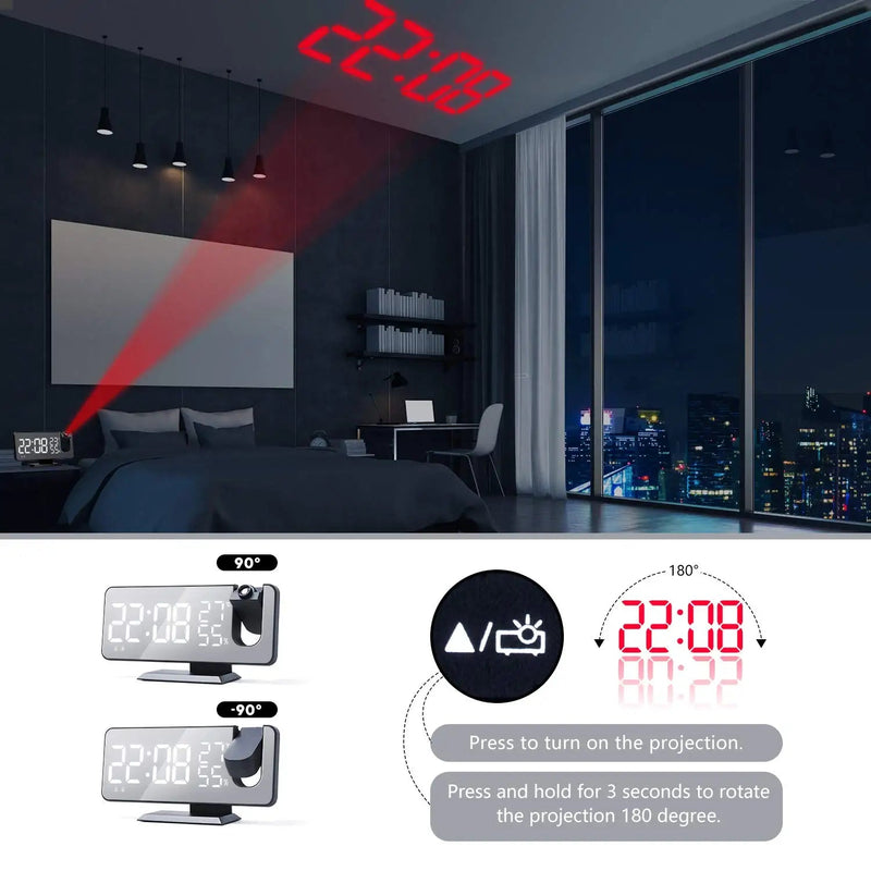[Australia] - Projection Digital Alarm Clock for Bedrooms, Radio Alarm Clock on Ceiling, USB Charger Port, Temperature & Humidity Display, 7.3” Large Mirror LED Display,12/24H,Snooze,Dual Loud Alarm Clock- 4 Dimmer Black 