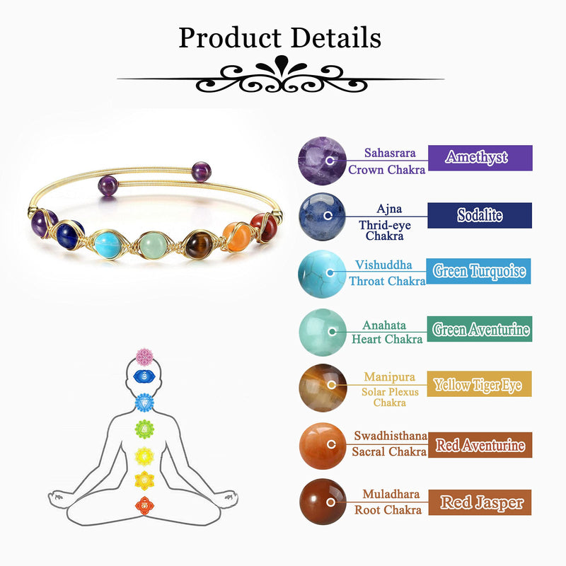[Australia] - JSDDE 14K Gold Crystal Bangle Cuff Bracelet Healing Energy Gemstones Bead Open Bangle Bracelets Jewelry for Women 7 Chakra Crystals 
