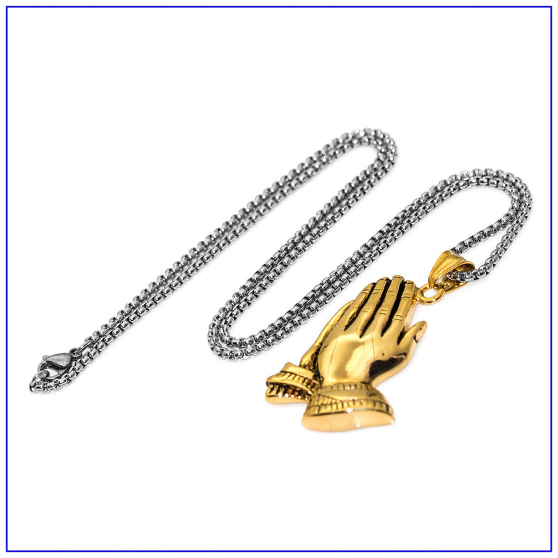[Australia] - Fusamk Fashion Stainless Steel Prayer of Hand Pendant Necklace,24" Link Chain Gold Prayer of Hand 