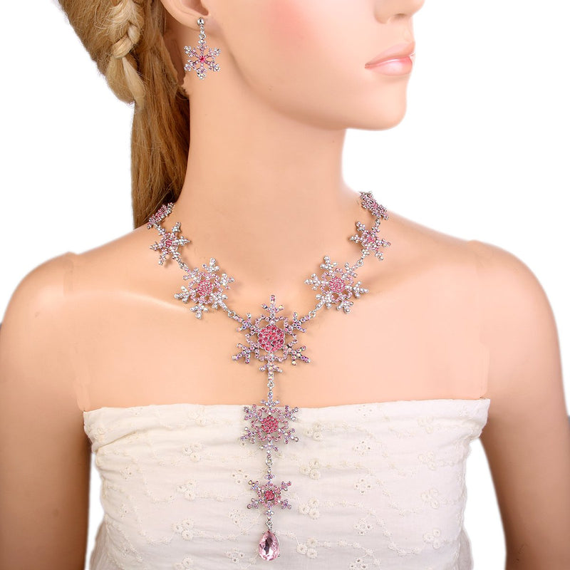 [Australia] - EVER FAITH Tear Drop Snowflake Necklace Earrings Set Austrian Crystal Pink Silver-Tone 