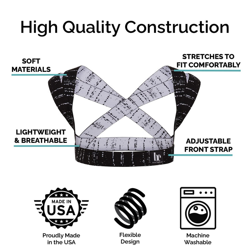 [Australia] - BackEmbrace Posture Corrector for Women & Men - Made in USA - Slim & Adjustable Shoulder Brace - Back Brace for Back Pain Relief - Black Drizzle XS/S Black and White 