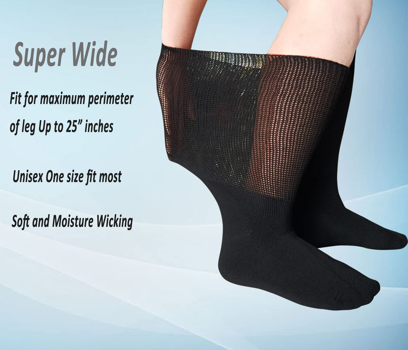 [Australia] - Extra Wide Bariatric Socks Non Binding Diabetic Sock for Lymphedema Swollen Edema Cast Leg Super Wide Calf for Men Women Elderly Sensitive Swelling Foot (Black/2 Pairs) Black 