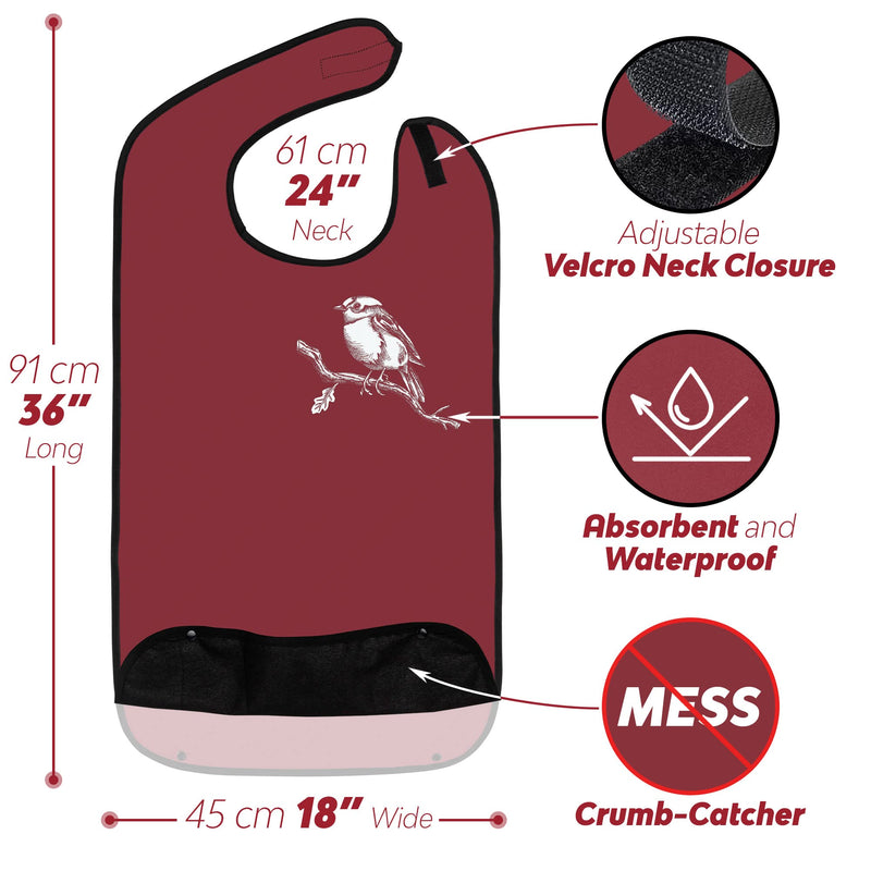 [Australia] - Adult Bibs for Eating: Reusable with Crumb Catcher Pocket - For Men and Women Chickadee Bird Burgundy 