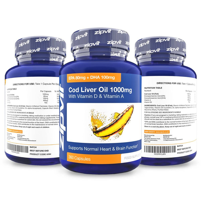 [Australia] - Cod Liver Oil 1000mg, 360 Capsules of High Strength Fish Oil, Rich in Omega 3. Supports Heart Health, Brain Health, Eye Health and Normal Blood Pressure 