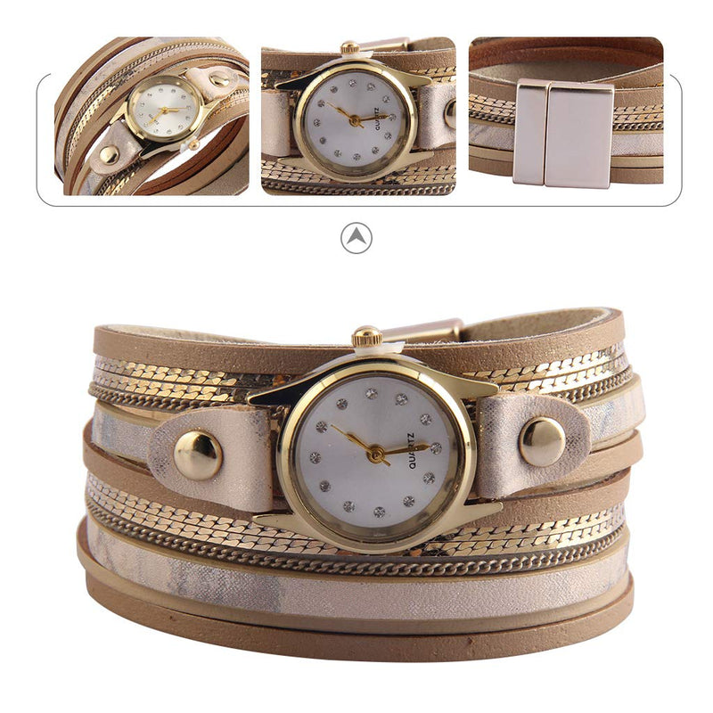 [Australia] - MINILUJIA Vintage Casual Bohemian Style Women Leather Watch Double Wrap Around Watch with Magnetic Clasp Beige 