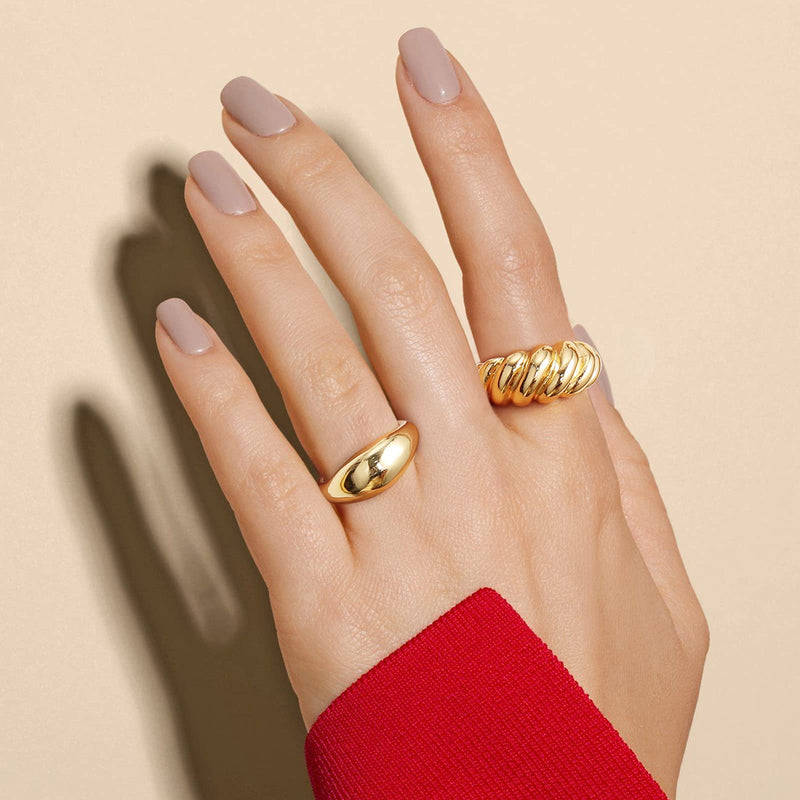 [Australia] - Chunky Ring Set: 14k Gold Plated Croissant Braided Twisted Dome Ring Jewelry for Women Men Teens Boy Girl 6 