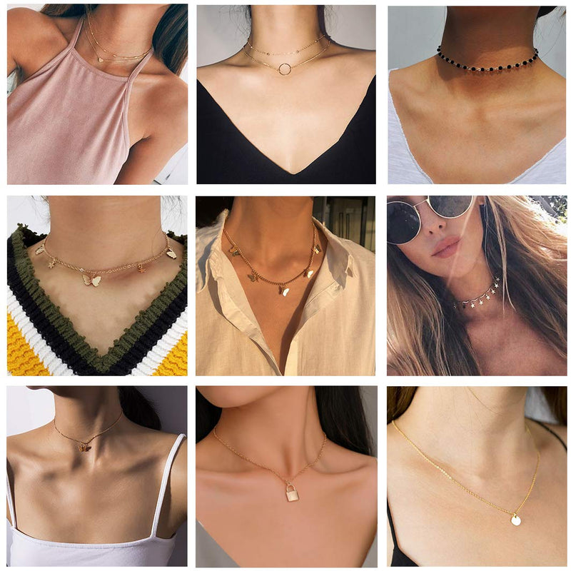 [Australia] - MELLIFO 9PCS Butterfly Choker Necklace Gold Silver Layered Chain Dainty Choker Pendant Necklaces for Women Girls 
