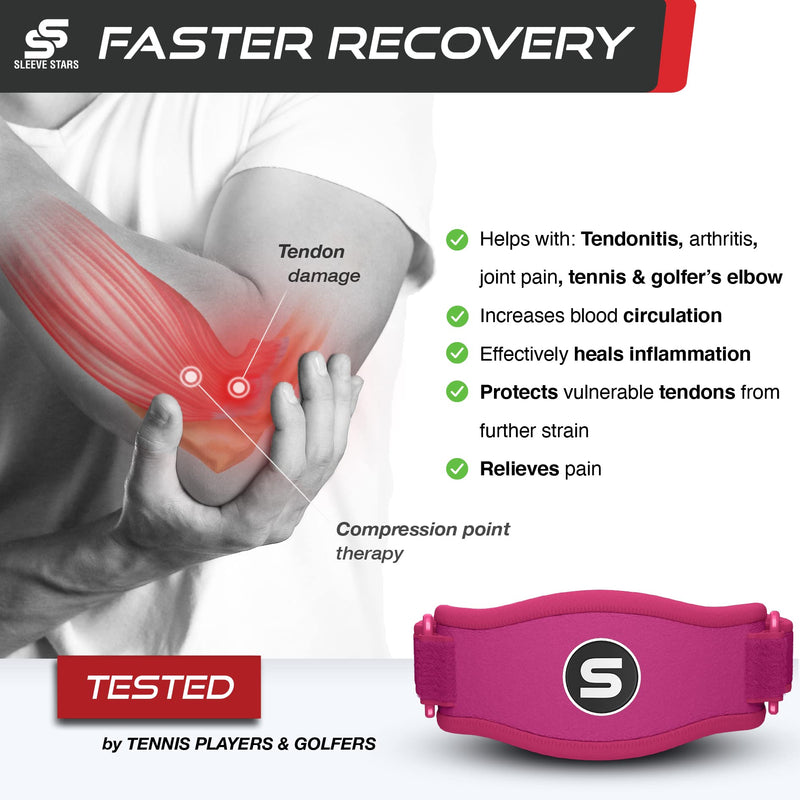 [Australia] - Sleeve Stars Tennis Elbow Brace for Men and Women, Elbow Brace for Tendonitis and Tennis Elbow Strap, Counterforce Brace for Tennis Elbow, Band Relief & Support for Forearm w/ 3 Straps Fits 9-23" (Single/Hot Pink) 1 Hot Pink 
