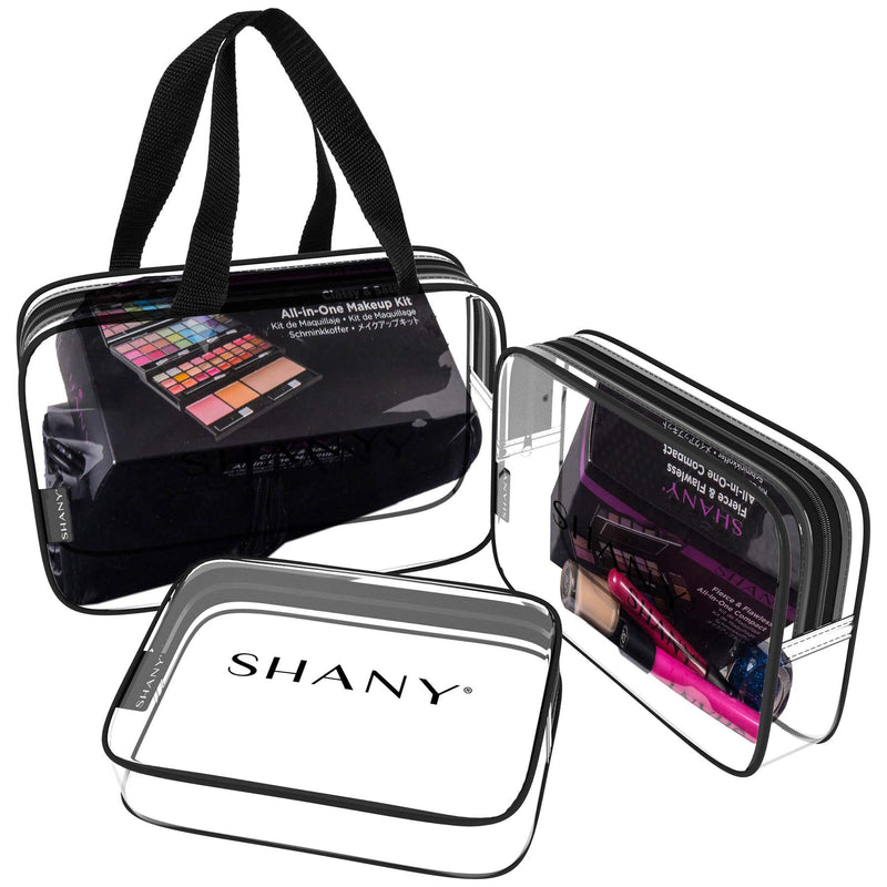 [Australia] - SHANY Clear PVC Toiletry and Makeup Carry-On Bag Set - Assorted Sizes Travel Cosmetic Organizers with Black Trim - 3PC Set 