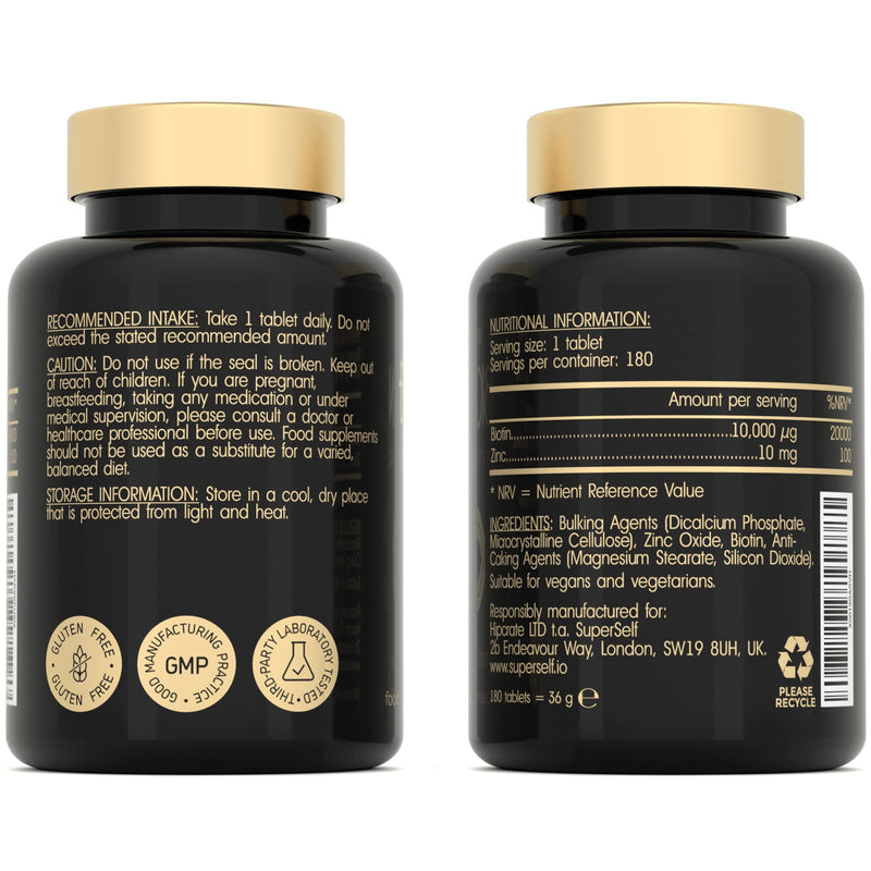 [Australia] - Biotin Hair Growth Tablets - Hair Skin and Nails Vitamins for Women & Men - 180 Biotin Tablets with Zinc 10000 mcg - High Strength Biotin Supplements - UK Made - Superior Absorption 