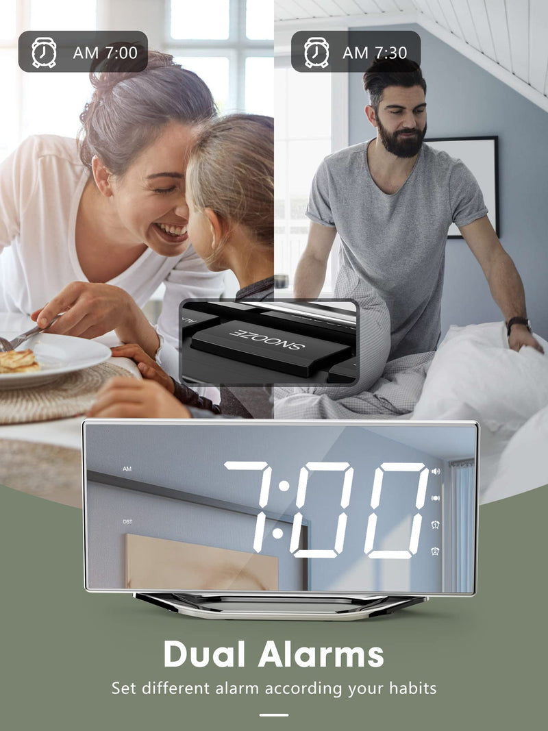 [Australia] - Extra Loud Vibrating Alarm Clock with Bed Shaker for Deep Sleepers Adult Hearing impaired Deaf, Dual Alarms Digital Clock for Bedroom,8.7'' Large Mirror LED Display,USB Charger,Battery Backup,Dimmable Silver Surface(with Bed Shaker) 