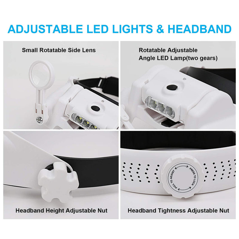 [Australia] - Dilzekui Head Mount Magnifier with LED Light, Rechargeable Headband Magnifier, Head-Mounted Magnifying Glass with 6 Detachable Lens, Handsfree Magnifying Glasses for Jewelers Loupe, Crafts, Repair 1x-14x Head Mount Magnifier 