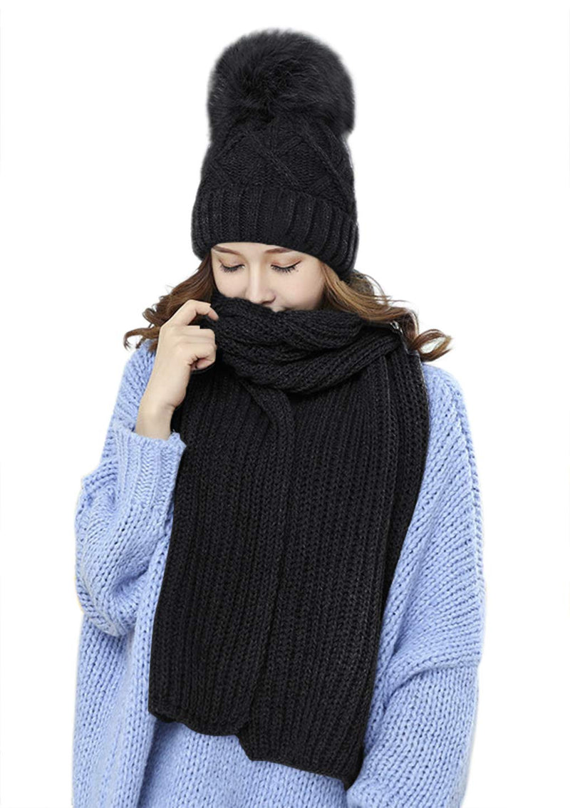 [Australia] - Women's Thermal Fleece Lined Cable Knit Hat with Neckchief 2 in 1 Hoodie Hat with Scarf Winter Warm Earflap Knitted Wool Cap Outdoor Cycling Camping Skiing Sknowboarding Xmas Birthday Gifts black-B 