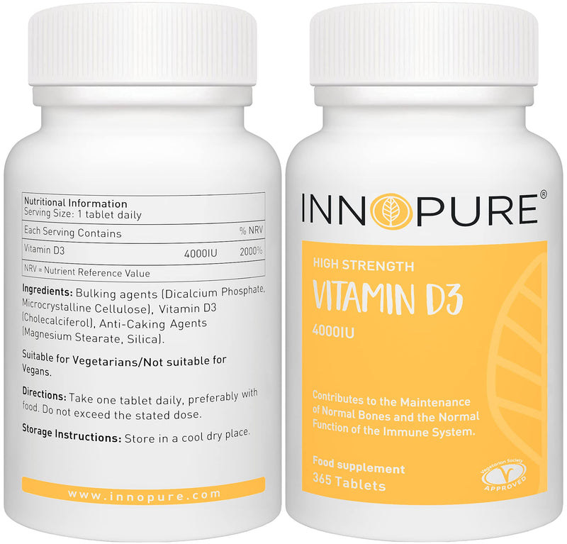 [Australia] - INNOPURE Vitamin D3 Tablets 4000 IU - 1 Year Supply of D3 Vitamins (365 Micro Tablets) High Strength Vitamin D Supplement - Vegetarian Society Approved, UK Made 