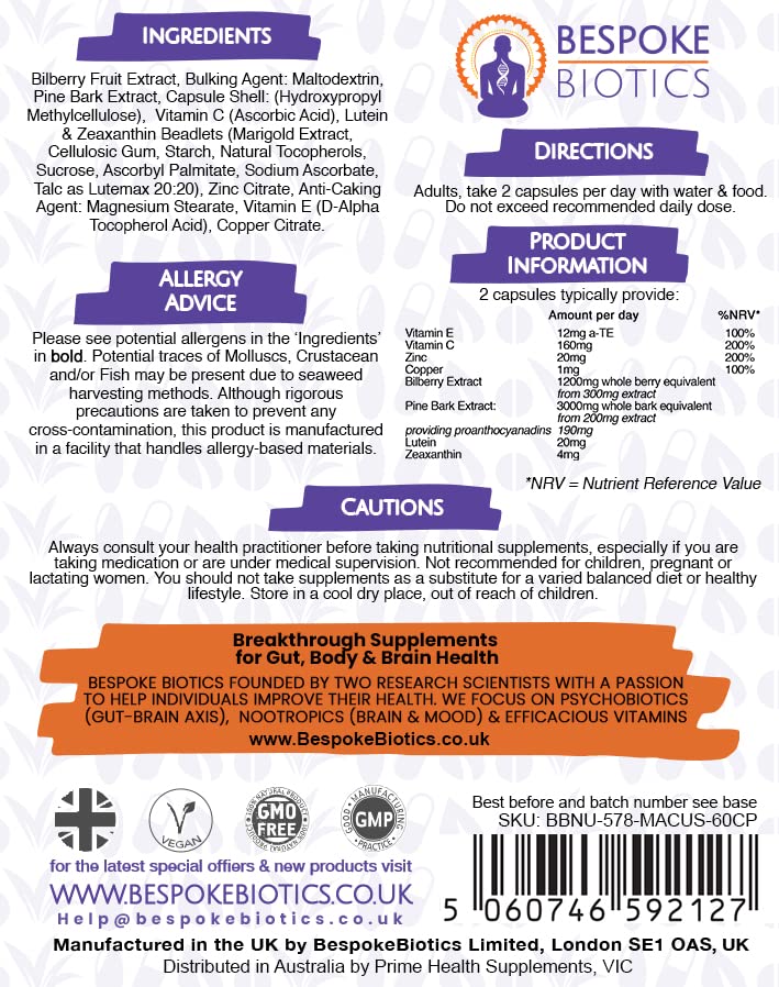 [Australia] - MACUSOOTHE Eye Complex Premium Vision Support, Eye Pressure, Age Related, Blue Light (from Smartphones) | Contains Zeaxanthin, Lutein, Bilberry & Pine Bark | UK Made | GMP Standards 