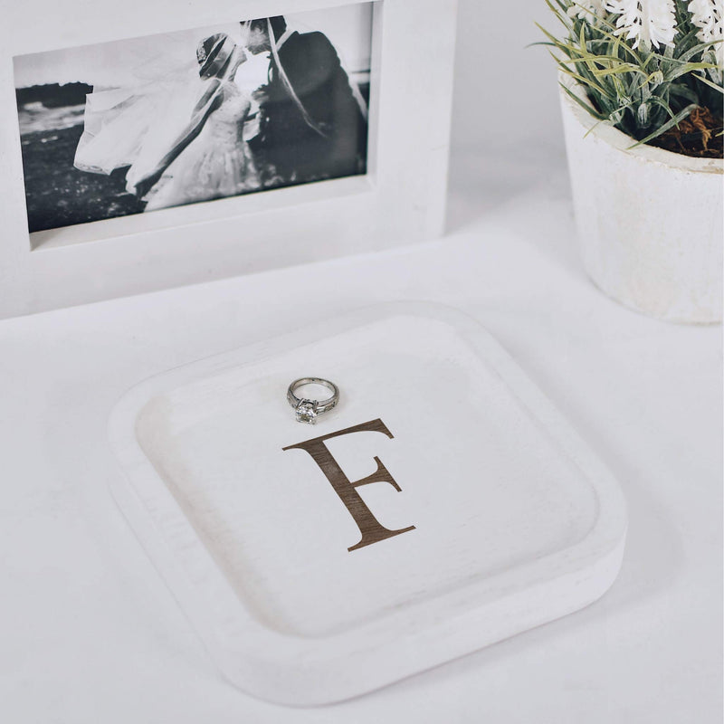 [Australia] - Solid Wood Personalized Initial Letter Jewelry Display Tray Decorative Trinket Dish Gifts For Rings Earrings Necklaces Bracelet Watch Holder (6"x6" Sq White "F") 6"x6" Sq White "F" 