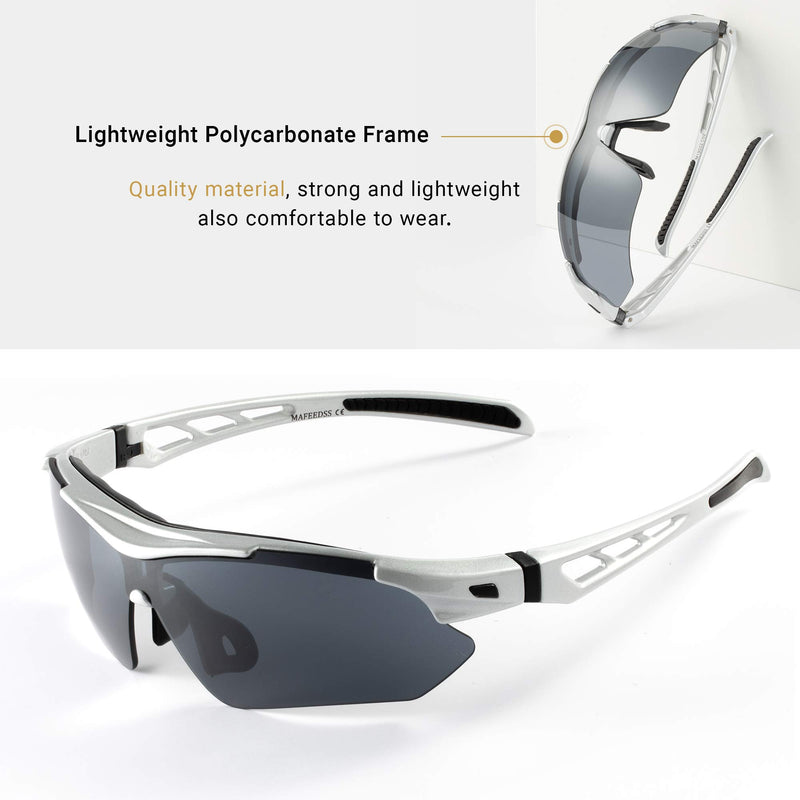 [Australia] - MAFEEDSS Sports Sunglasses for men women UV400 Fashion Driving/Fishing/Cycling/Running/Golf Bright Silver Frame Gray Lens 