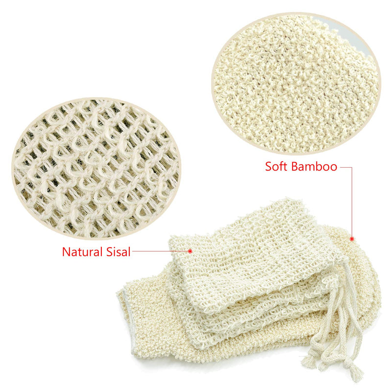 [Australia] - 2 Packs Bamboo Fiber Exfoliating Gloves and 3 Pack Natural Sisal Soap Bags - for Foaming & Save Soaps and Shower Massage Mitts for Scrub and Remove Exfoliate 