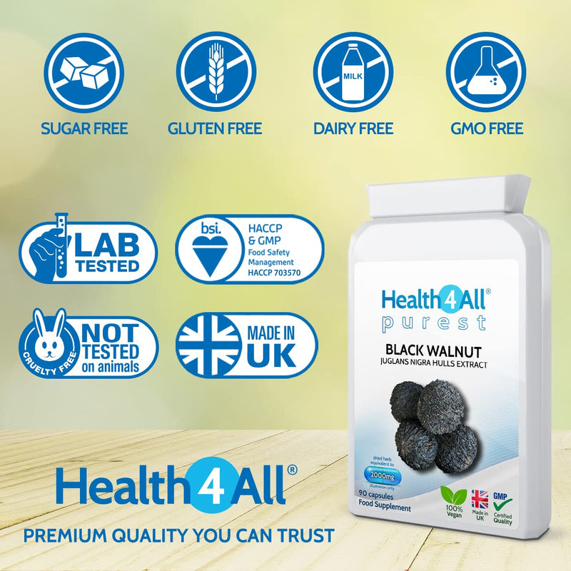 [Australia] - Black Walnut Hulls 2000mg 90 Capsules (V) . (not Tablets) Purest Strongest Black Walnut Capsules. Vegan. Made in The UK by Health4All 90 Count (Pack of 1) 
