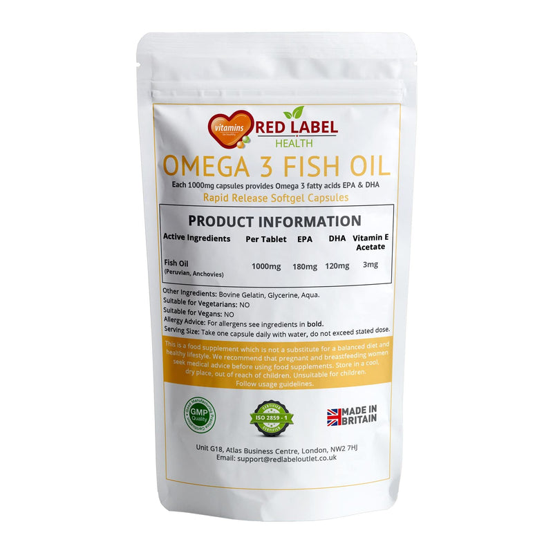 [Australia] - Omega 3 Fish Oil 1000mg - 90 Soft Gel Capsules (3 Months Supply) - Double Strength EPA & DHA - Supports Heart & Brain Health for Men & Women | Gluten Free | Made in UK. 