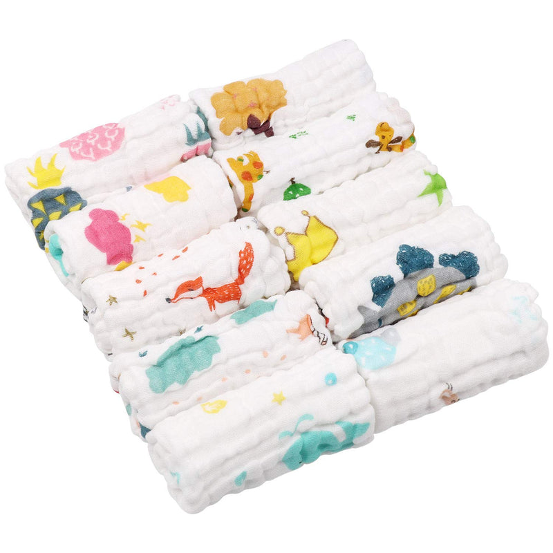 [Australia] - ABirdon Cotton Muslin Squares Baby 10 Pack, Extra Soft 11.8"X11.8" Reusable Baby Wash Cloths, 6 Layers Organic Cotton Baby Towels with Printed Design for Newborn, Unisex Cartoon 