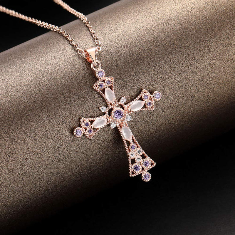 [Australia] - Crystal Cross Pendant Chain Necklace Dangle Drop Hook Earring Set God We Trust Charm Flower Protein Horse Eye Crystal Cross Necklace Jewelry Suit Gift Women Girl Rose gold purple crystal cross set 