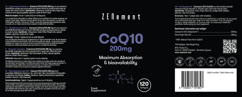 [Australia] - Zenement | Coenzyme Q10, 200mg | 120 Softgels, with Spanish Extra Virgin Olive Oil | 100% Natural CoQ10, Non-GMO, Gluten Free 