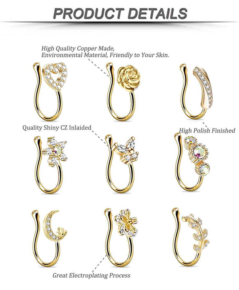 [Australia] - YOVORO 9Pcs Fake Nose Rings Hoop for Women Girls Faux Cartilage Tragus Ring Nose Cuff Non Piercing Jewelry Set Gold 