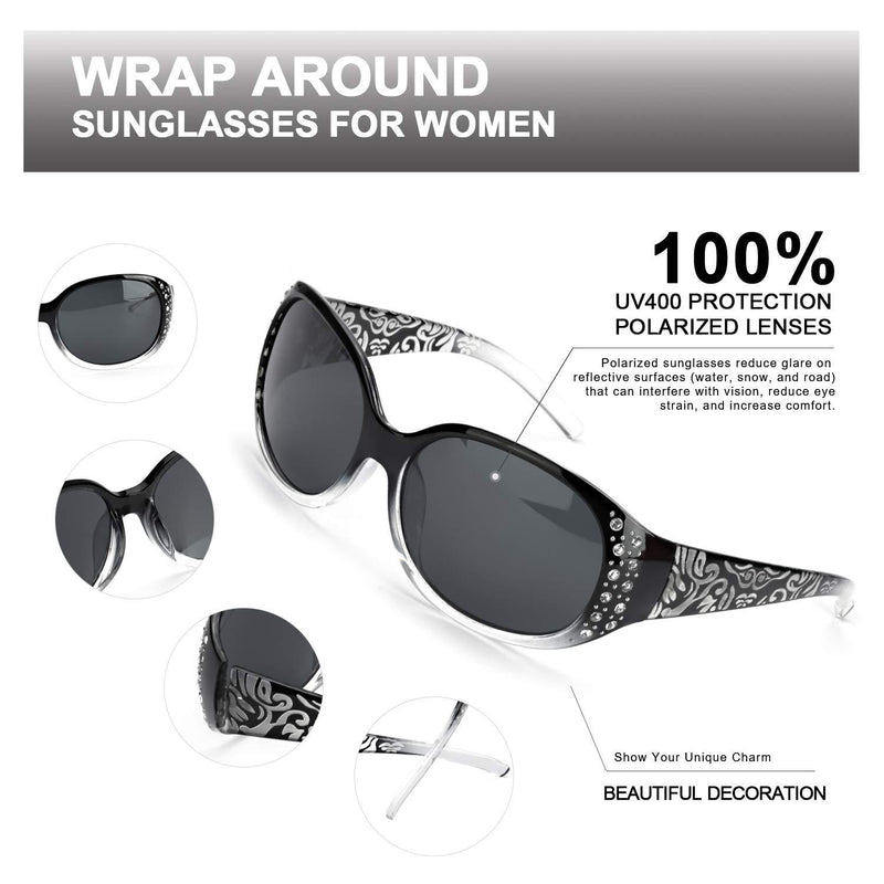 [Australia] - LVIOE Patterned Frame Sunglasses With Polarized Lens Wrap Around Eyewear for Women UV400 Protection Black Gradient Wrap Around Frame/Polarized Gray Lens 