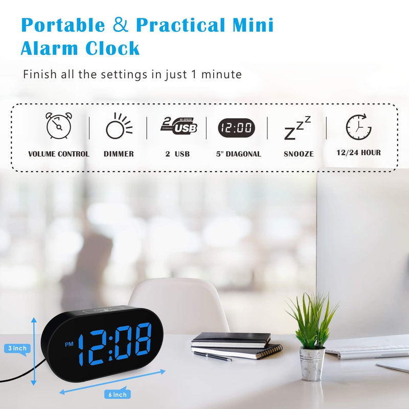 [Australia] - Digital Alarm Clock - Plumeet LED Clocks with Adjustable Brightness Dimmer and Alarm Volume - Blue Digit Display 12-24 Hrs - Kids Clocks with Snooze USB Port Phone Charger 