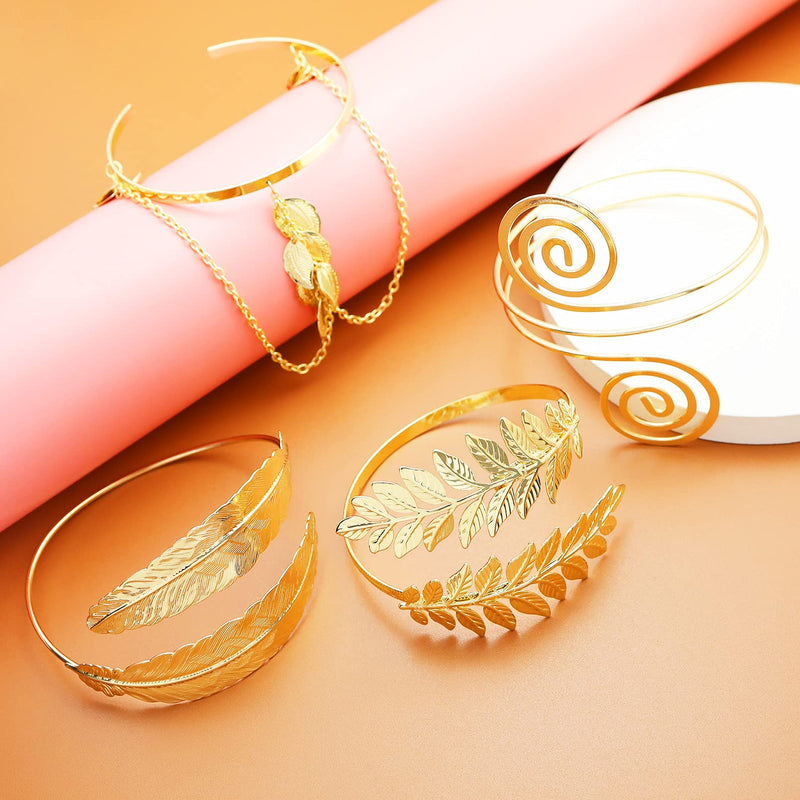 [Australia] - RechicGu 4 Pieces Leaf Swirl Armlet Arm Cuff Bangle Bracelet Metal Open Upper Arm Band Belly Dance Wedding Feather Chain Armband Adjustable Gold 