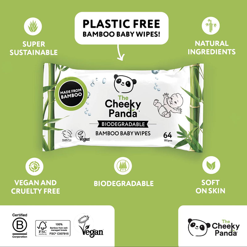 [Australia] - The Cheeky Panda – Bamboo Baby Wipes, Unscented | Pack of 64 Wipes | 100% Biodegradable, Eco-Friendly, Super Soft, Strong & Sustainable 64 Count (Pack of 1) 