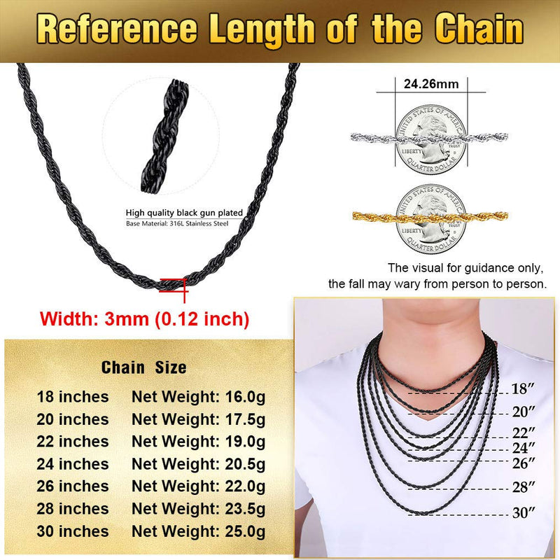 [Australia] - ChainsPro 3/6 mm Box/Wheat/Twist Rope Necklace, Replacement Chain for Pendant/Charm, 18-30 inches, 316L Stainless Steel/18K Gold Plated-Send Gift Box 18.0 Inches Rope-3mm-black 