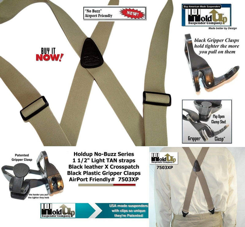 [Australia] - Holdup Suspender Brand No-buzz Series Airport Friendly light TAN Suspenders with black leather X-Back Crosspatch and Patented Gripper Clasps 