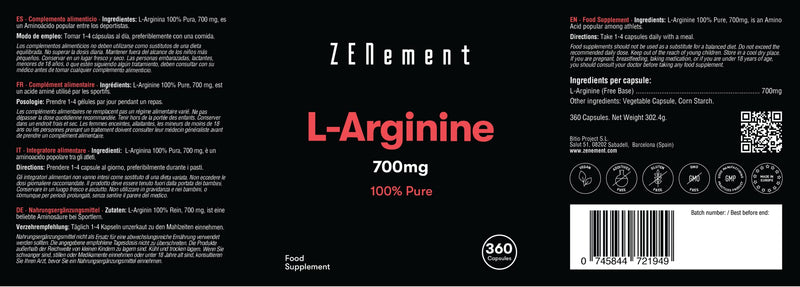 [Australia] - Zenement | L-Arginine, 100% Pure, 700mg, 360 Capsules | Vasodilator, Promotes Athletic Performance and Muscle Development | Vegan, Additive Free, Gluten Free 