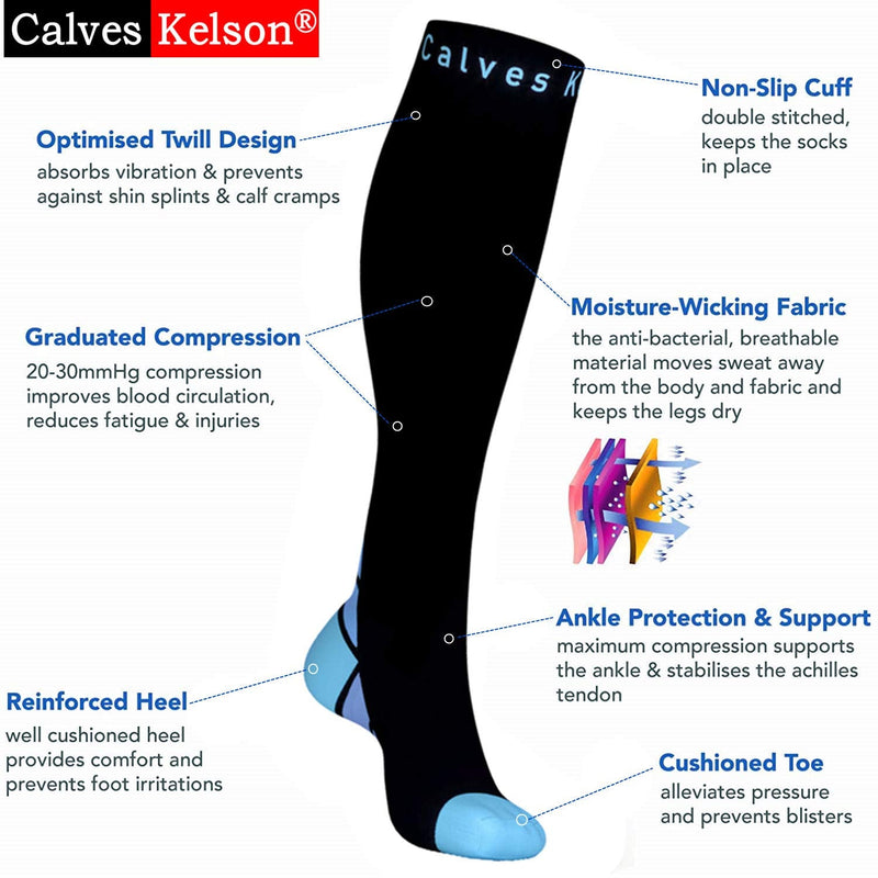 [Australia] - Calves Kelson (2 Pairs) Compression Socks/Stockings for Men & Women, Black & Blue S/M (For Women 4-6.5 / Men 4-8) 2 same pair, S-M 
