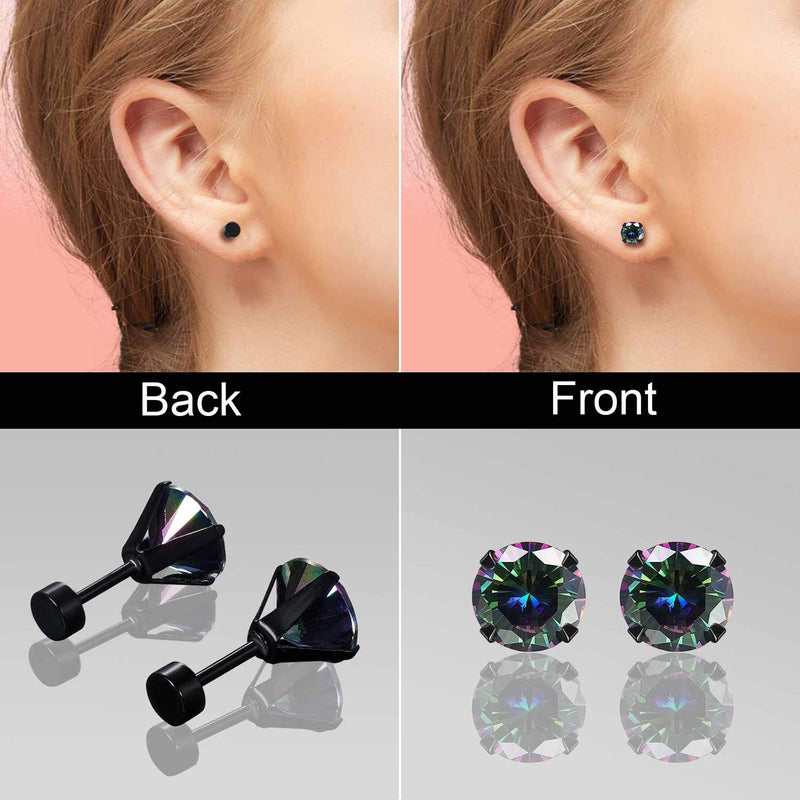 [Australia] - Black Stud Earrings Set Rainbow Topaz 3/4/5/6/7/8mm 316L Stainless Steel Earrings for Women Men Barbell Stud Ear Jewelry 