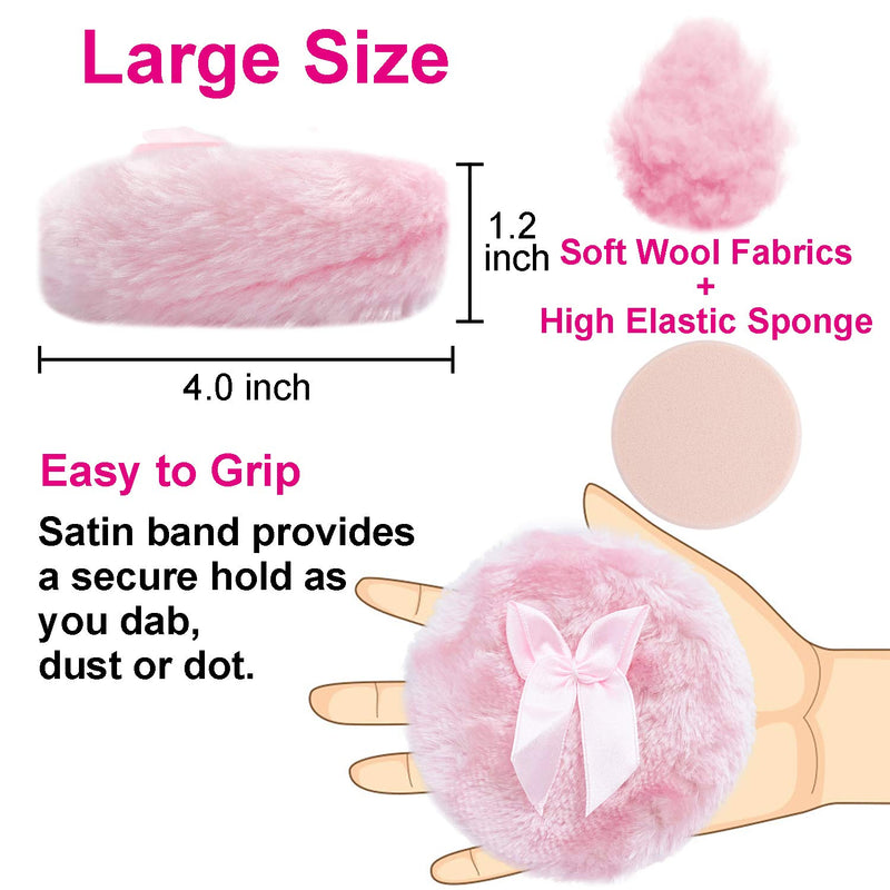 [Australia] - Toysdone 4 Inch Large Body Powder Puff, Soft and Furry Puff with Ribbon Handle, Set of 2 (Pink) 