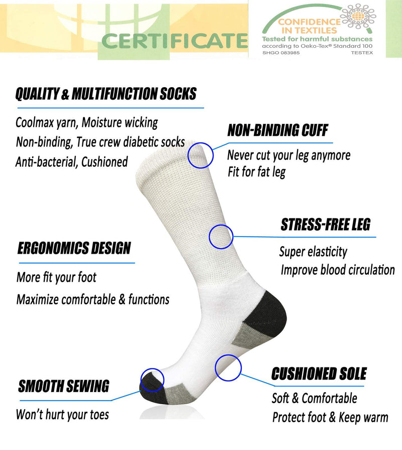 [Australia] - Mens Diabetic Socks Non-Binding Crew Socks Cushioned for Edema Thick Ankle Diabetes Edema Swollen Feet White/Grey(3 Pairs) 